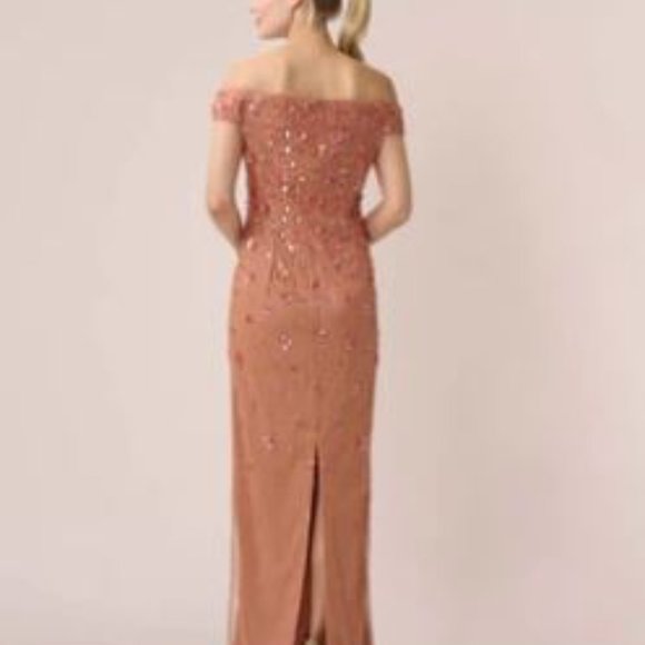 BHLDN Adrianna Papell Floral Beaded Maxi Off Shoulder in Toffee NWT US size 8 - Picture 3 of 9